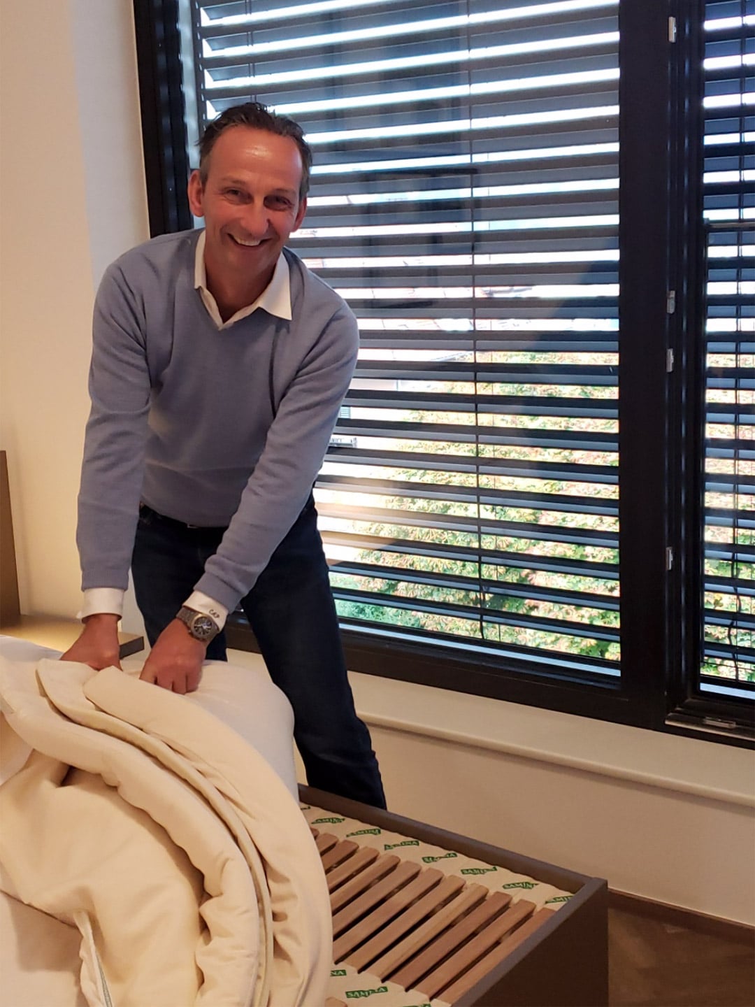 Claus Pummer inspecting SAMINA sleep system at Saminapark in Frastanz, Austria.